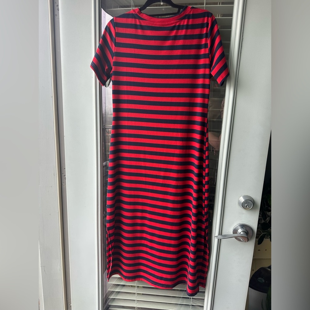 Women’s Ribbed Blue & Red Striped V-Neck Dress - Picture 3 of 5
